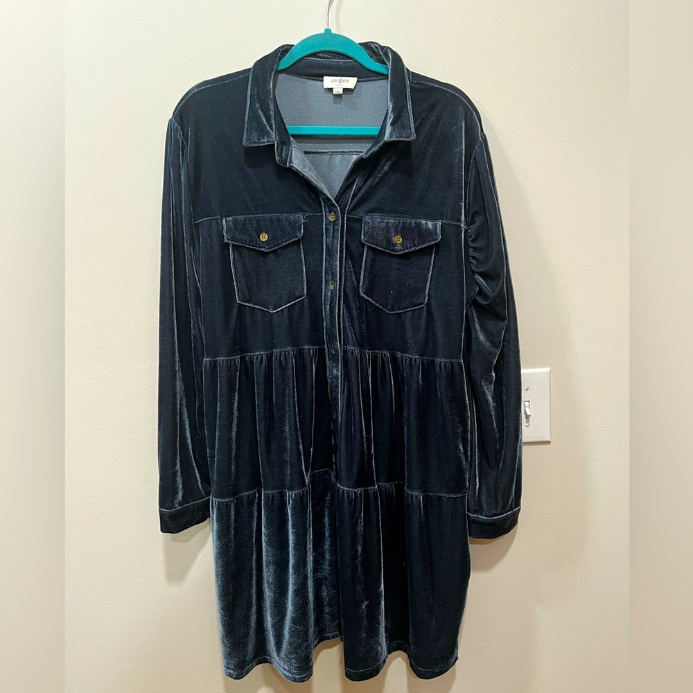 Blue Velvet Button-Up Dress